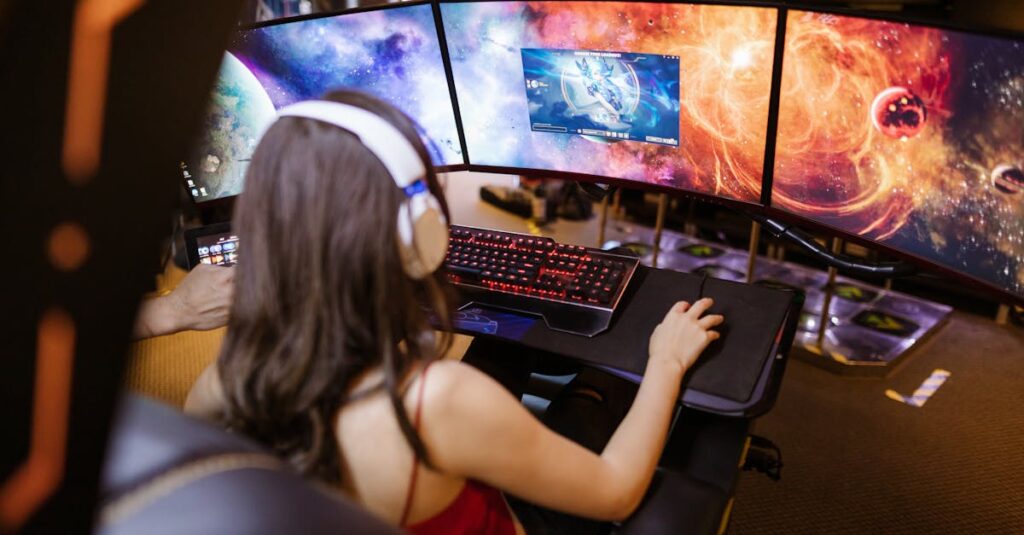 pexels photo 7915289 7915289 Woman with headphones playing on a multi-screen gaming setup featuring vibrant space imagery.